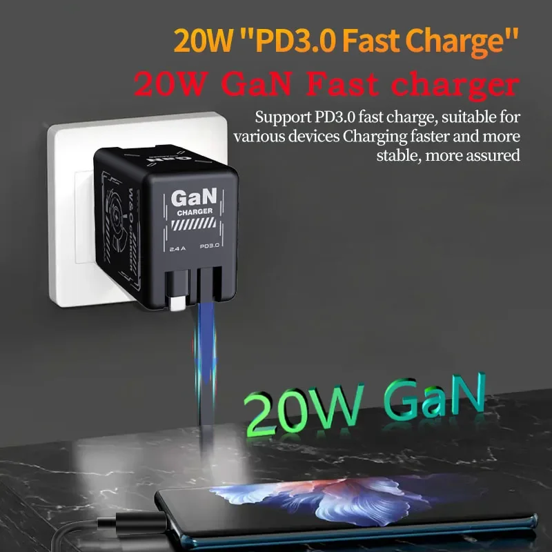 GaN 20W Fast Charger With Retractable Type-C  L Cable Fast Charging Adapter For iPhone 17 16 15 14 13 12 11 iPad