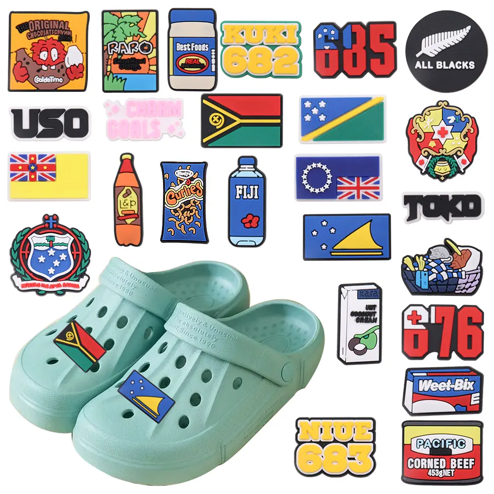 Buona qualità 1-25 pezzi ciondoli per scarpe in PVC Snack bevande bandiera nazionale distintivo accessori in PVC sandali ornamenti per bambini regalo fai da te