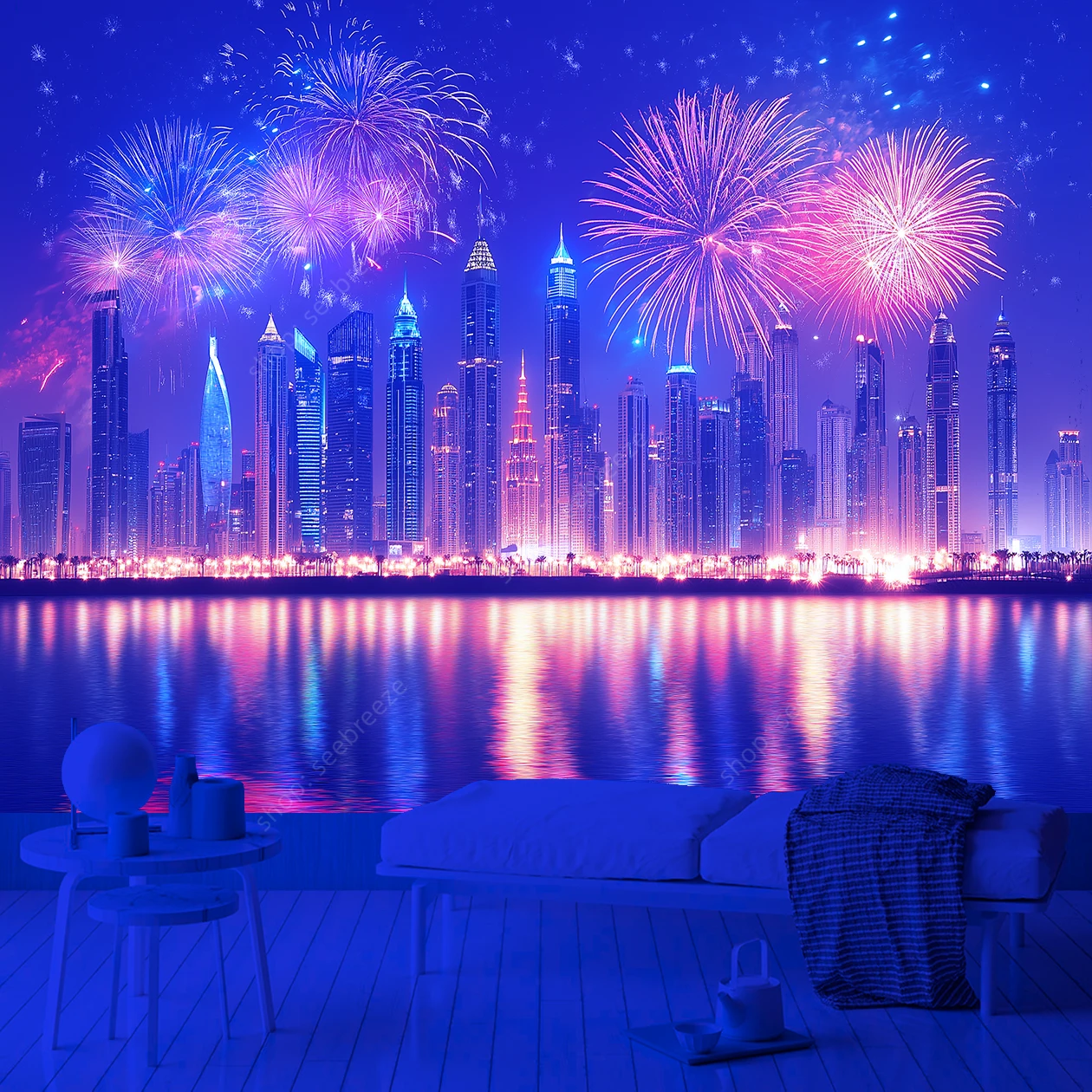 UV Reactive Tapestry The Night View of New York City Bay Port and Skyscrapers Tapestry for Aesthetic Room Decor Gift for Friends