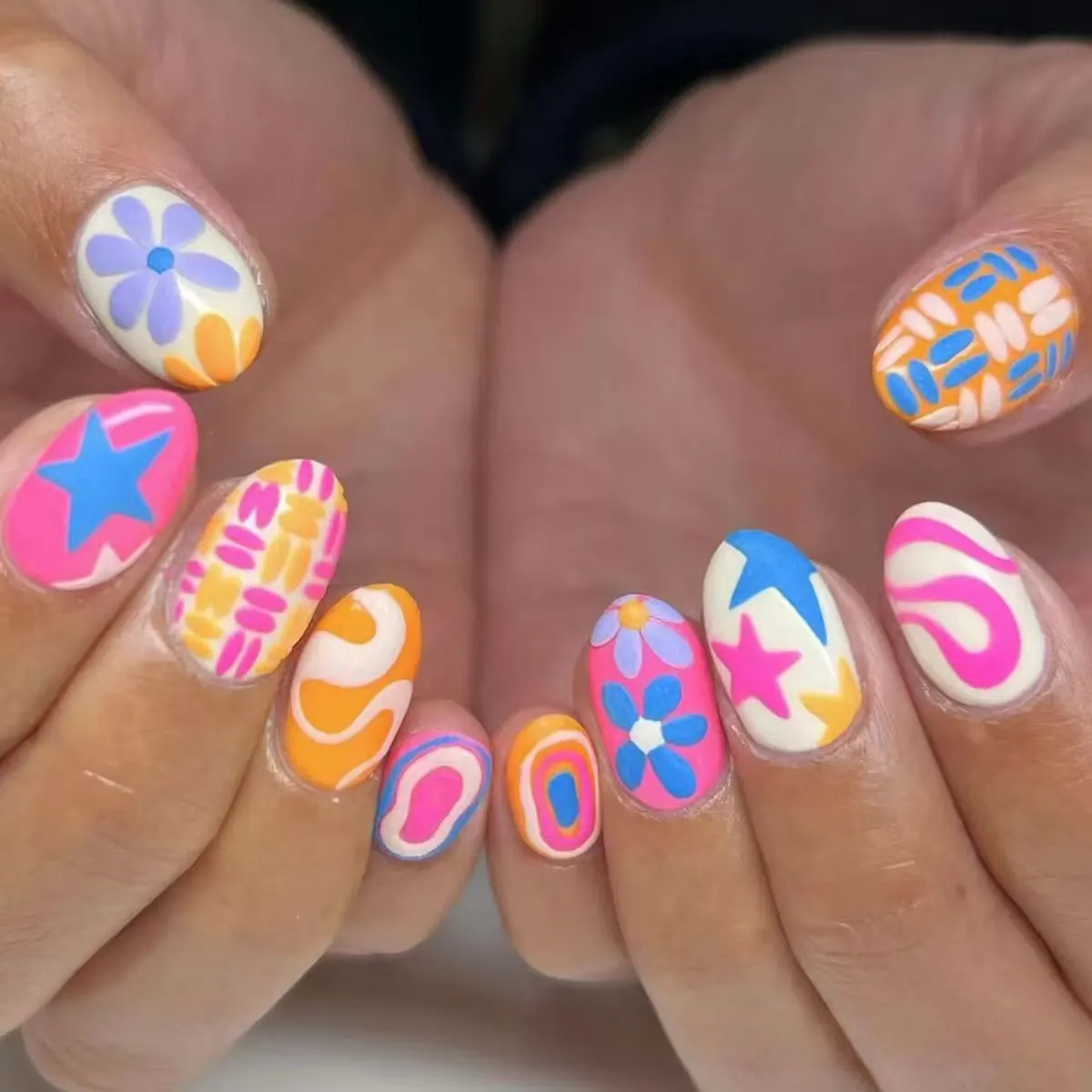 

24PCS Colorful Almond Oval Shape False Nails Star Flower Lines Playful Patterns Press on Nails Lively Sweet Cute Style Nail Art