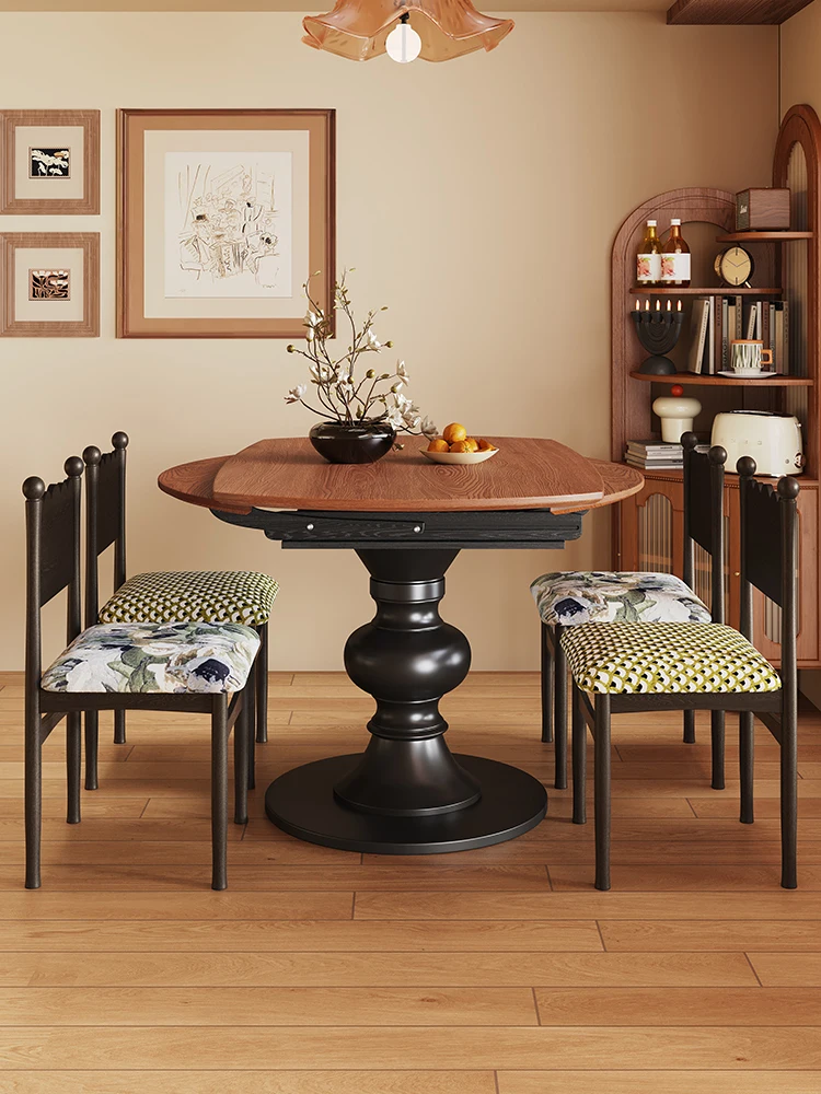 

Medieval solid wood folding dining ta ble 2025 new French household small apartment retro retractable variable round ta ble