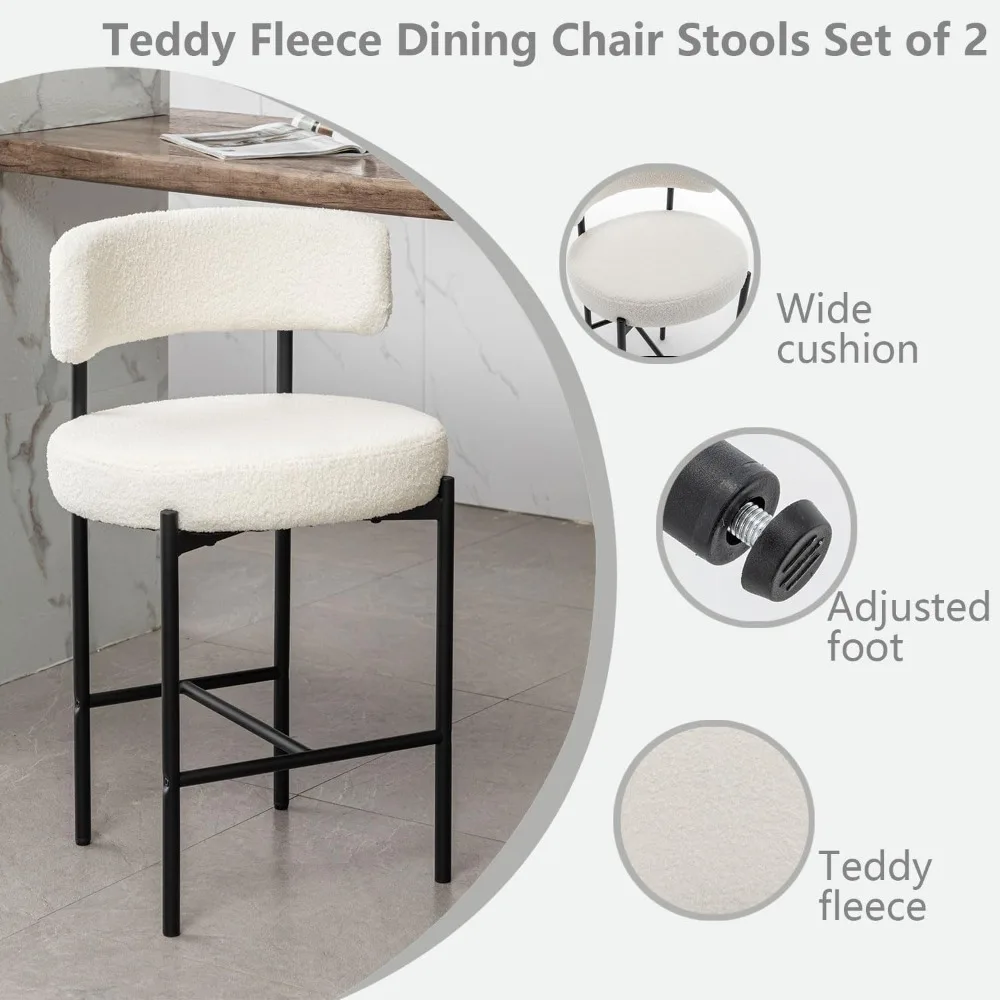Juego de 2 taburetes de bar Boucle, 24 taburetes de mostrador modernos con respaldos, taburetes de bar tapizados blancos para isla de cocina, bar, cafetería