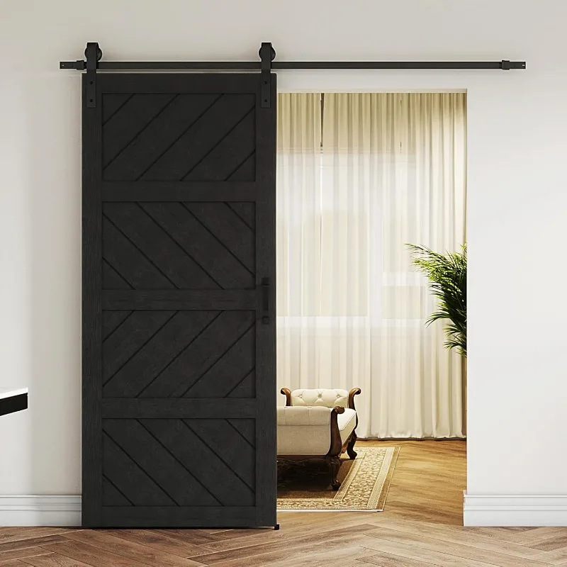 

Раздвижная дверь сарая 36 x 84 дюйма, черная дверь сарая с современной панельной волновой конструкцией, полный комплект дверей сарая, водонепроницаемая поверхность из ПВХ, Asse