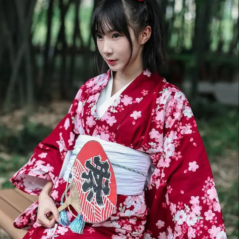 Japanese Kimono Bathrobe Red Small Cherry Blossom Kimono Set Bath Gown Original Yukata Dress Vintage Floral Robe