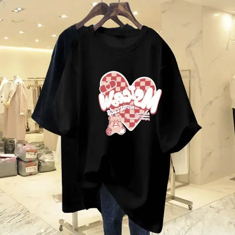 Women Clothing Chic Chessboard Grid Love Print T-shirts Summer O-neck Short Sleeve 100 Cotton Basic Tee Casual Loose Pullovers