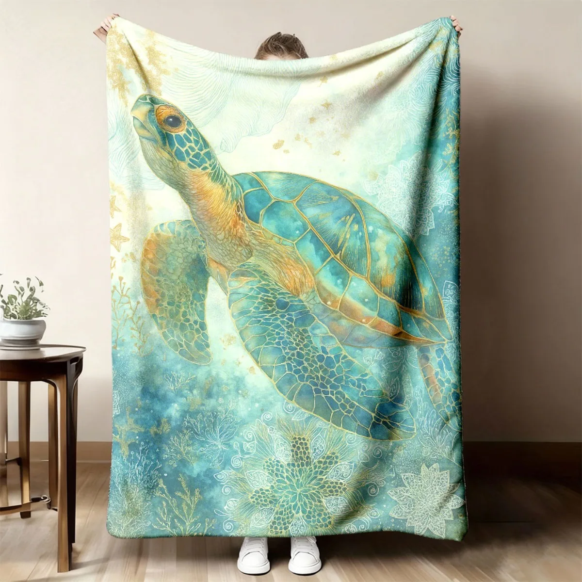 Throw Blanket Sea Turtle Teal Ocean Gold Mandala Pattern Tropical Marine Wildlife Art Vivid Cover For Folding Chair
