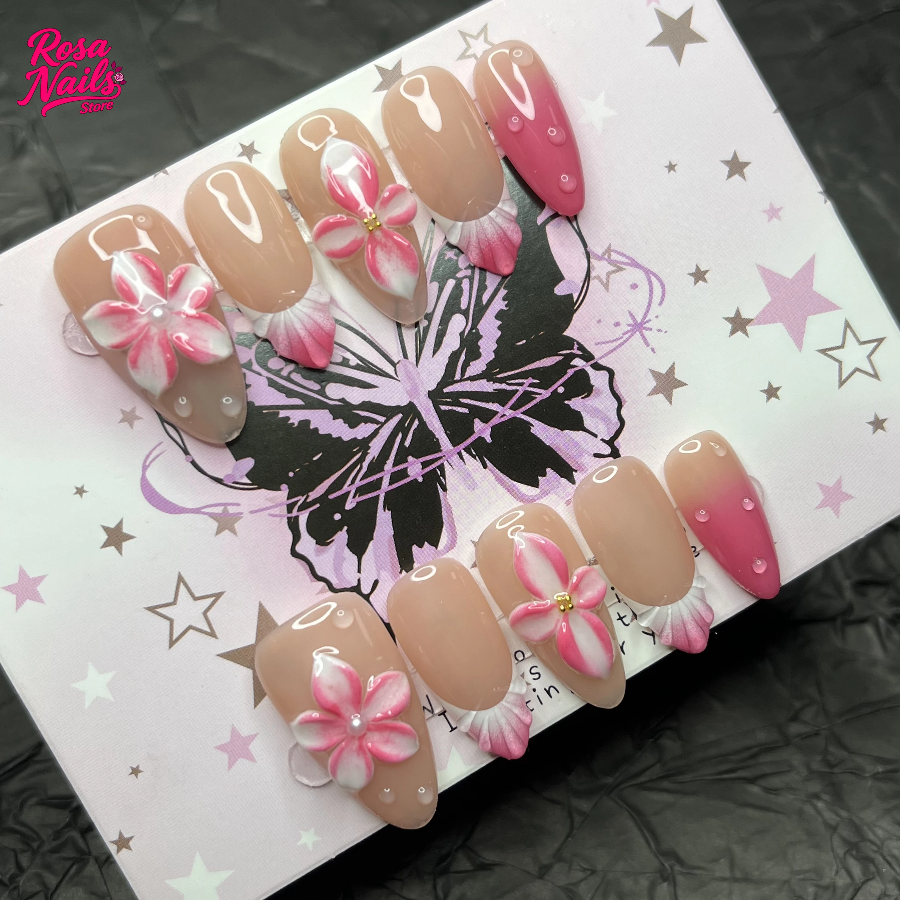 

10pcs Medium Almond Fake Nail Patches Hand-painted 3D Pink Flower Press On Nails Spring Summer Handmade Nail Art Press on Nails