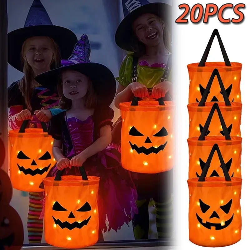 

LED Light Halloween Trick or Treat Bucket Pumpkin Candy Bags Collapsible Halloween Basket for Thanksgiving Party Gift Basket