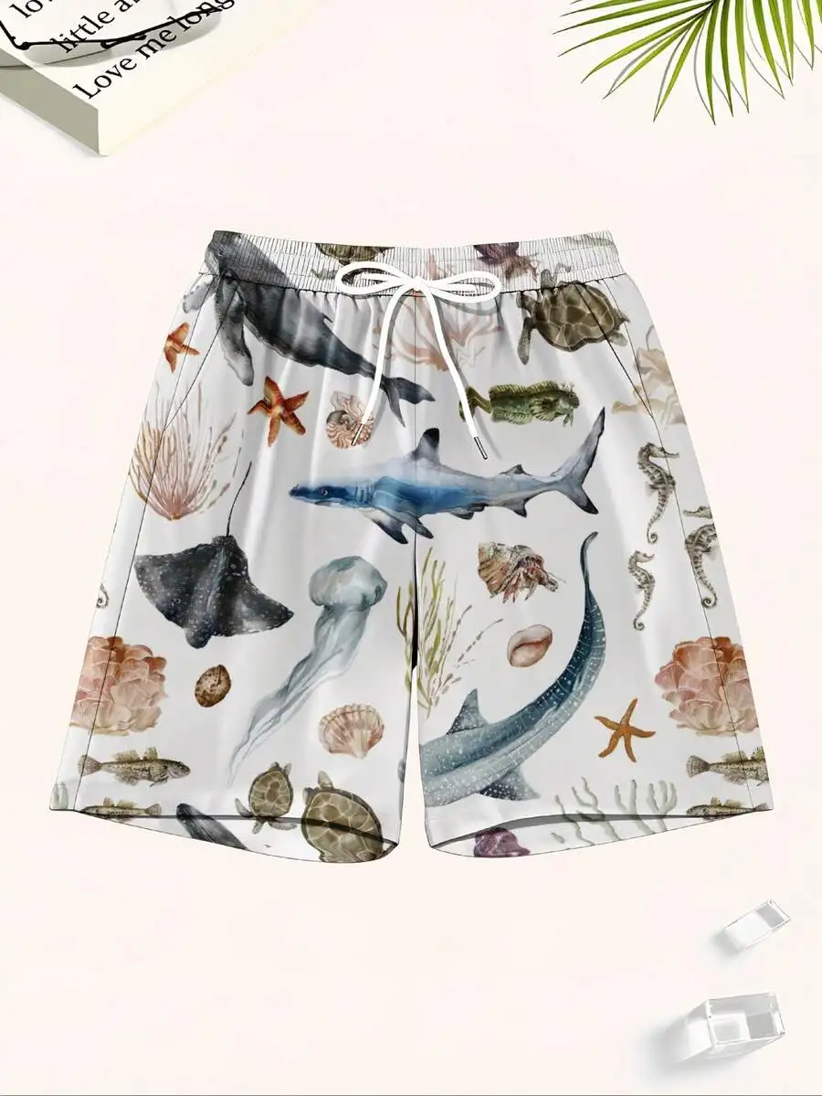 

Mens Ocean Life Print Beach Shorts With Shark Turtle Starfish Sea Creatures Swim Trunks