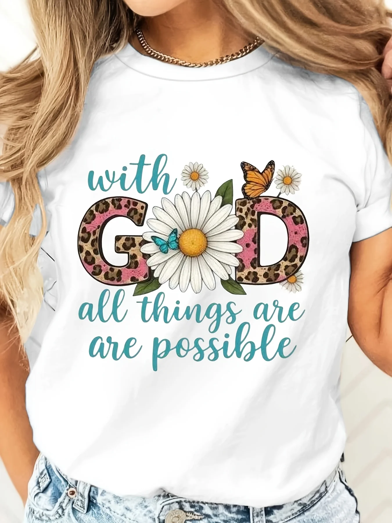Leopard Print God All Things Are Possible Daisy Butterfly Graphic T-Shirt, Christian Faith Religious Inspirational Tee, Casua