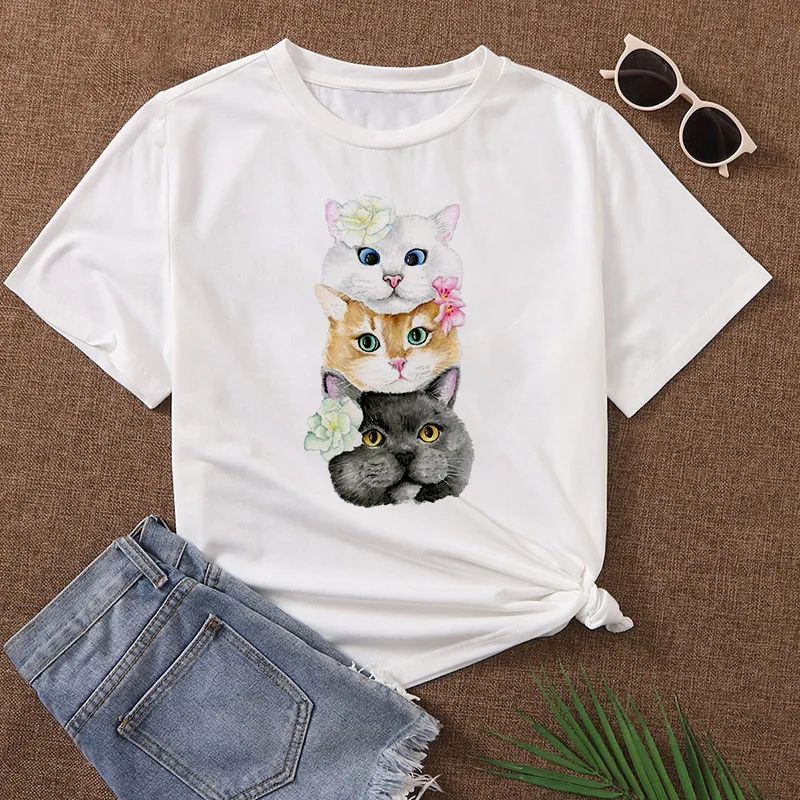 

Women Graphic Watercolor 90s Cartoon Fashion Clothing Summer Female Clothes Cats Print Casual Short Sleeve Tees Tshirt T Shirt