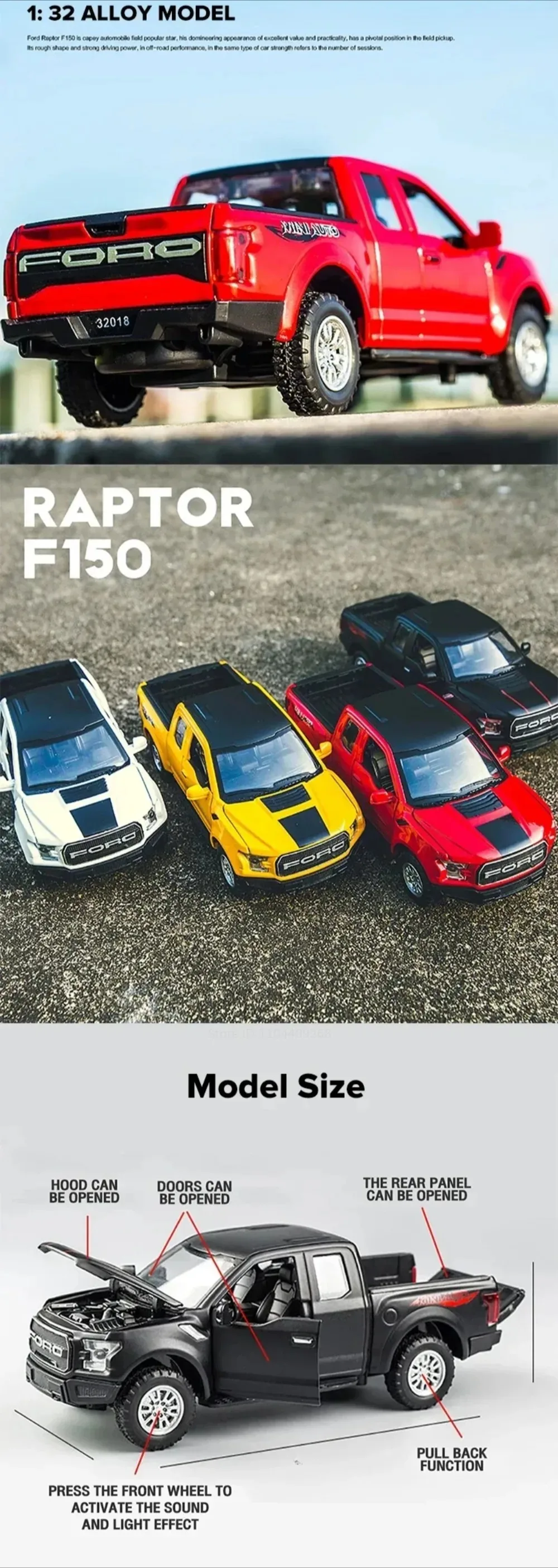 1:32 Mammoth Raptor F150 Legierung Modell Auto Spielzeug Sound Licht Diecast Metall Zurückziehen Off-road Pickup Modelle Sammlung Kinder geschenke – Detail 17