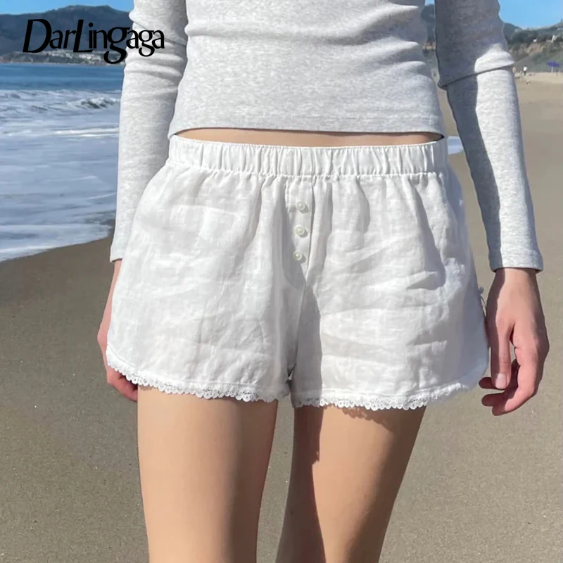 

Darlingaga Casual White Basic Summer Shorts Women Lace Trim Buttons Homewear Sporty Chic Short Pants Elastic Waist Korean Hottie