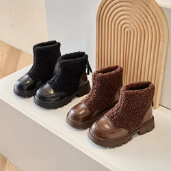 New Girls Boots Lamb PU Children Fashion Leather Short Boots Kids Casual Boots 2024 New Simple Non-slip Versatile Boys Boots PU