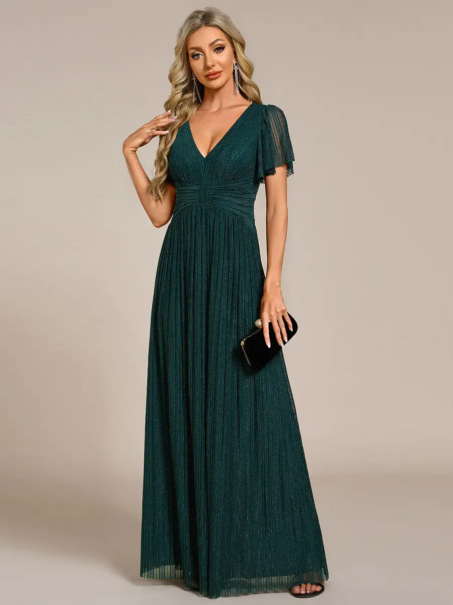 Plus Size Evening Dresses Glittery Deep V Neck Bowknot Waist Mesh Fabric 2024 Ever Pretty of Dark Green Bridesmaid dress