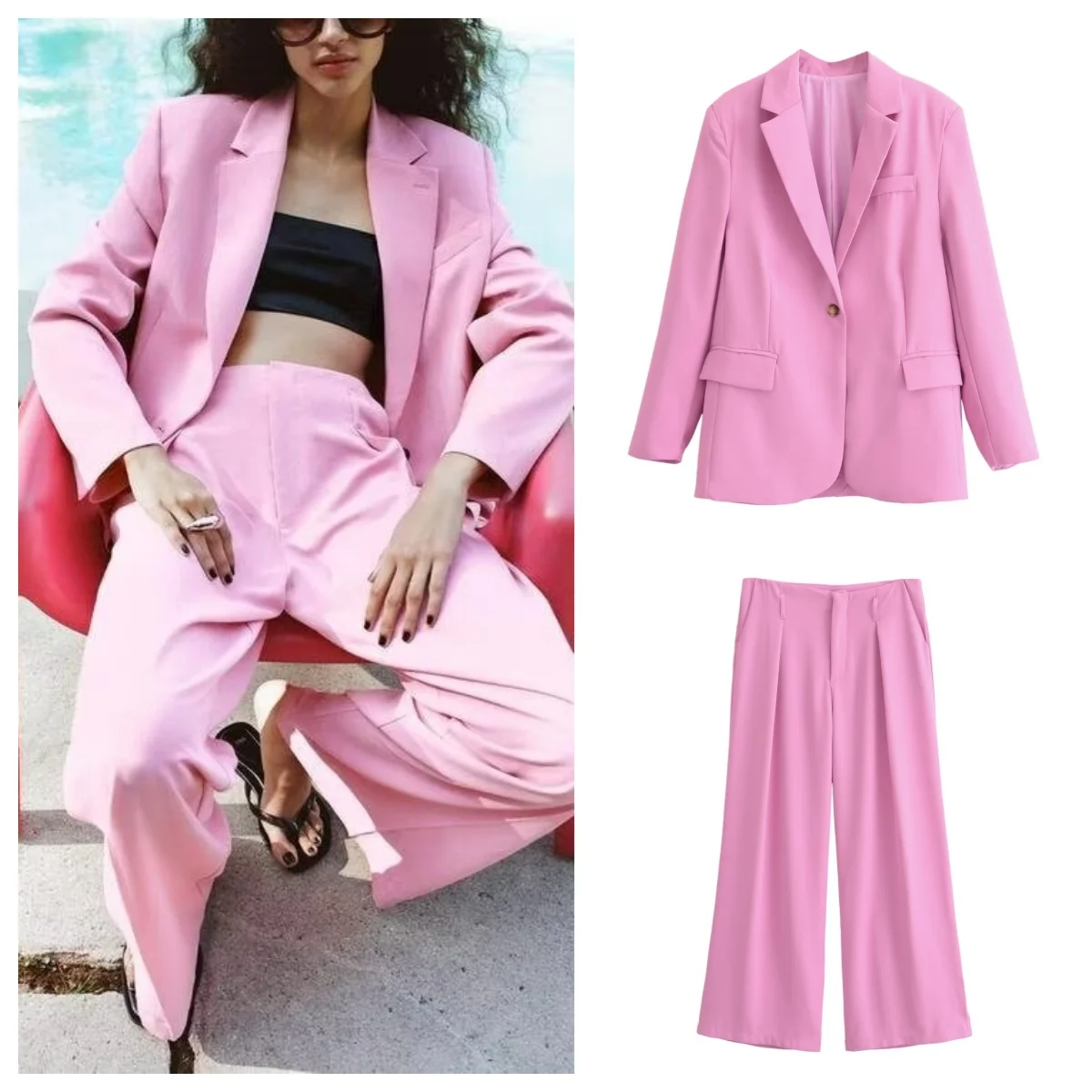 

Fashionable and versatile pink straight cut blazer high waist straight wide leg pants casual suit for women