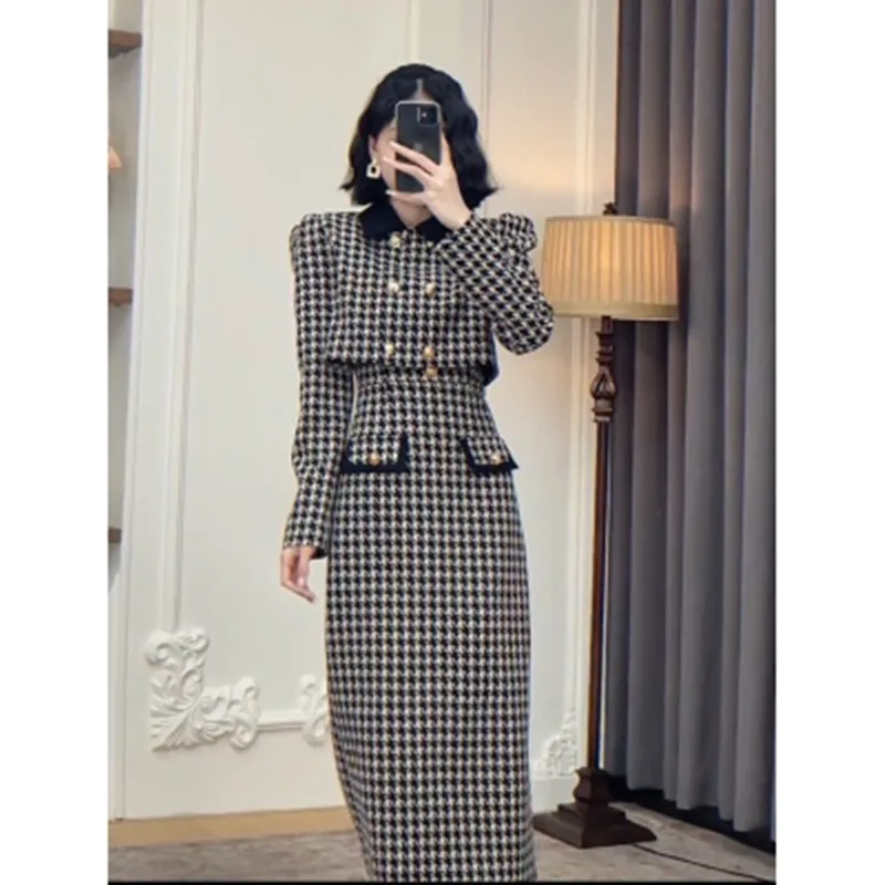 Autumn Winter Runway Houndstooth Woolen 2 Piece Set Women's Double-Breasted Short Jacket Coat+Sexy Spaghetti Strap Dress Suit