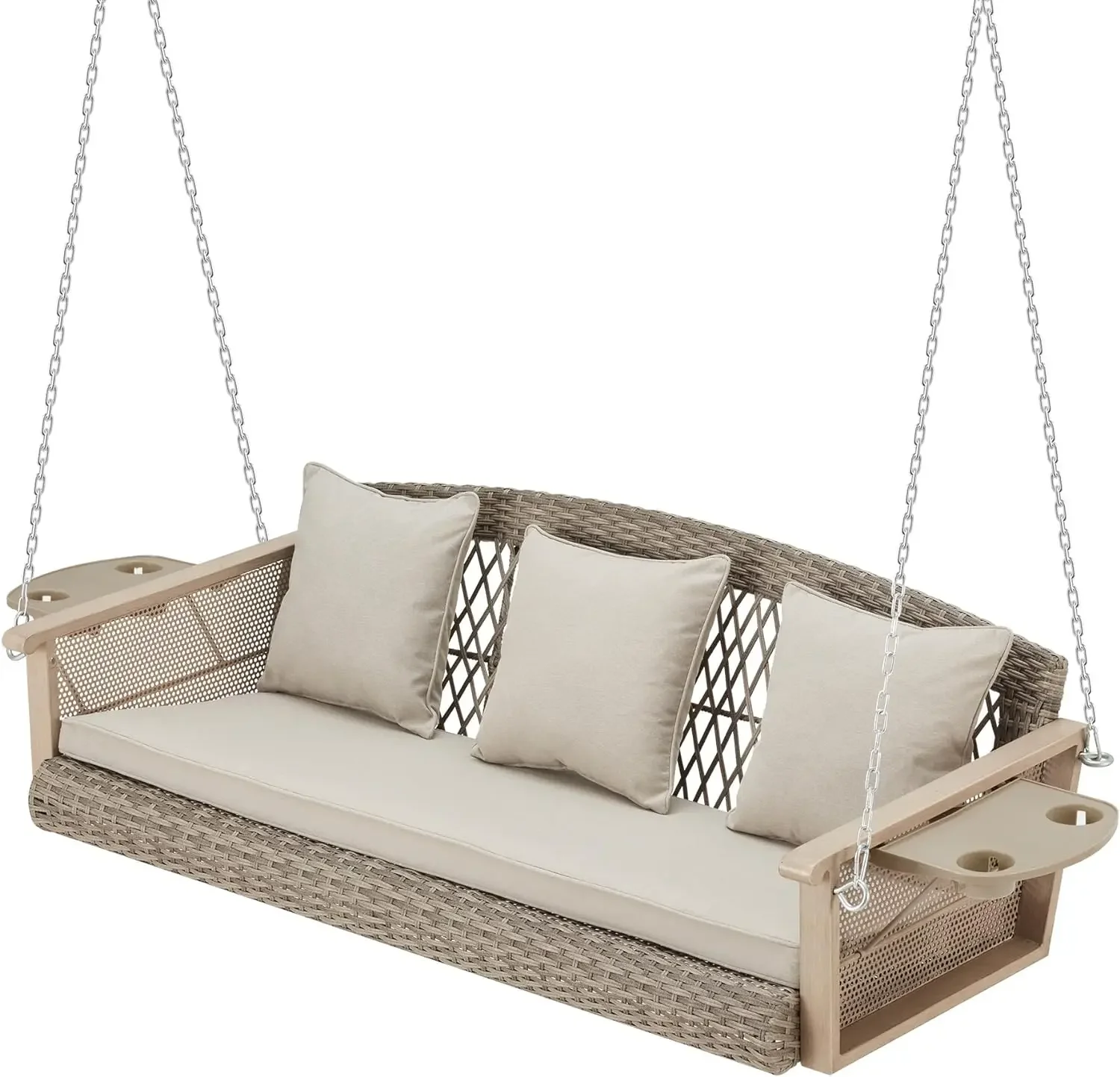 

3-Person Porch Swing 55in Wicker Hanging Swing Bench with Cushions Cupholders Swing Chair with Chains 800lbs Capacity