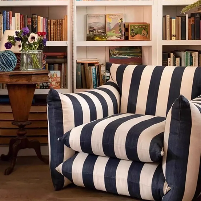 American blue and white striped single sofa red linen small apartment living room armchair zebra pattern puff sofa