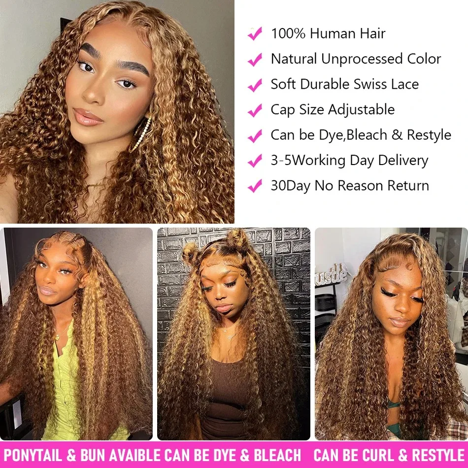 Highlight Honingbruin Krullend Kant Front Human Hair Pruiken 13X6 13X4 Remy Ombre Gekleurde Diepe Golf Lace Frontale Pruik Voor Vrouwen