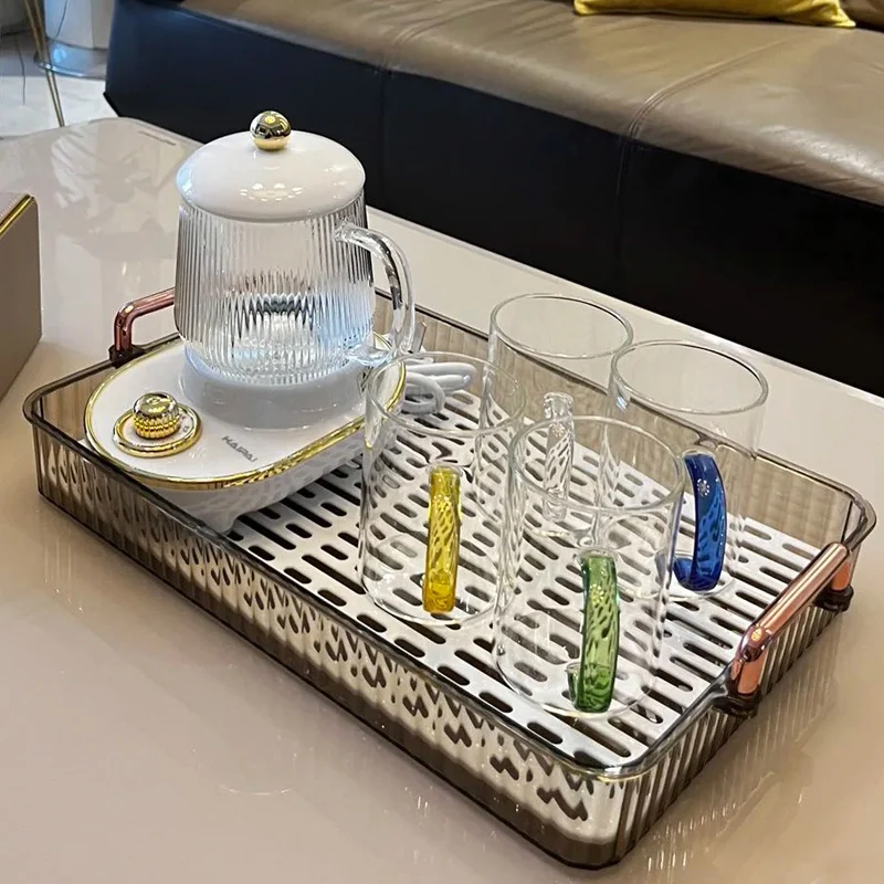 豪華なホームリビングルームティーセットカップホルダー長方形二層水切りトレイティープレートドライフォームテーブルプラスチック食器