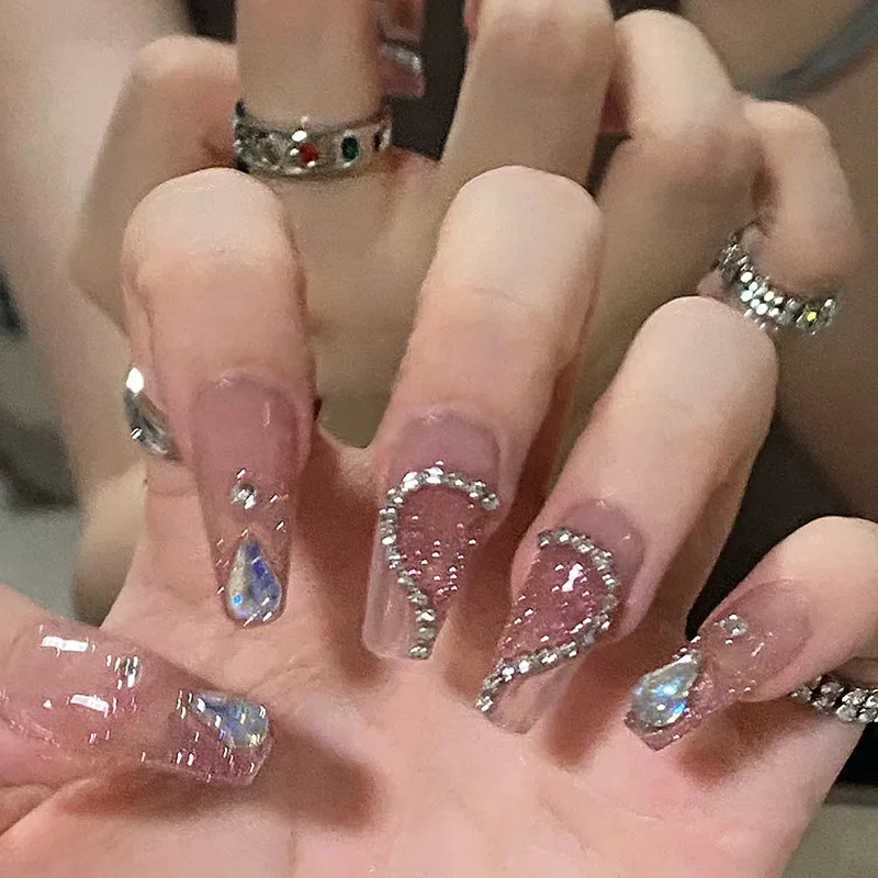 24Pcs Mid-length Ballet False Nails Blue French Shiny Powder Press on Fake Nails 3D Star Moon Rhinestone Reusable Manicure Tips