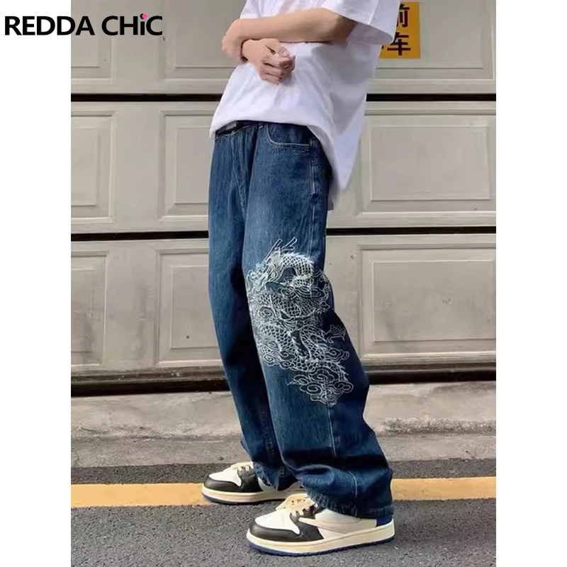

ReddaChic Embroidered Dragon Baggy Jeans Men Vintage Wash Straight Casual Wide Leg Pants Hiphop Trousers Harajuku Y2k Streetwear