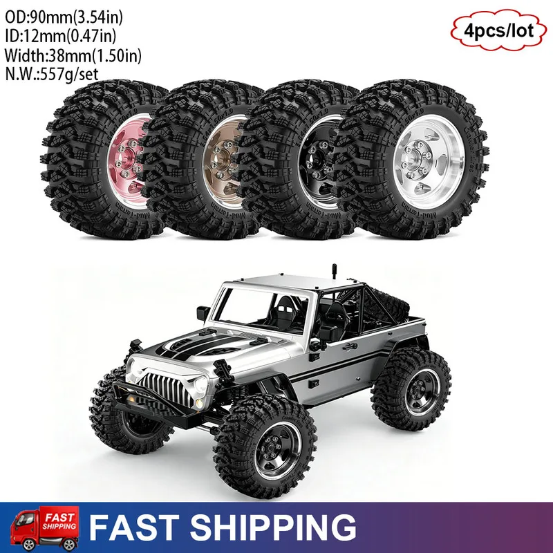 1.9 inch Beadlock Wheels Rim and Tires Set 90*38mm for 1/12 1/10 MJX H12P H12Y SCX10 Traxxas TRX4 TRX6 RC Crawler Upgrade Parts
