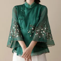 Women's Stand Collar Patchwork Chiffon Shirt Summer New Retro Fashion Solid Embroidered Flare Sleeve Button Loose Pullover Tops