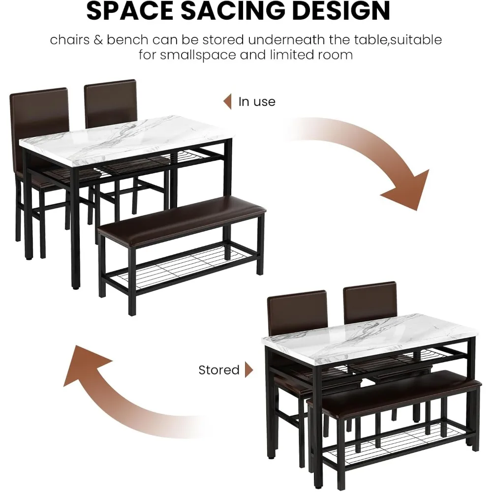 Dining Table Set for 4 with Bench and Chairs,Faux Mable Small Kitchen Table and Chairs for 4 w/Storage Rack, Dining Room Table