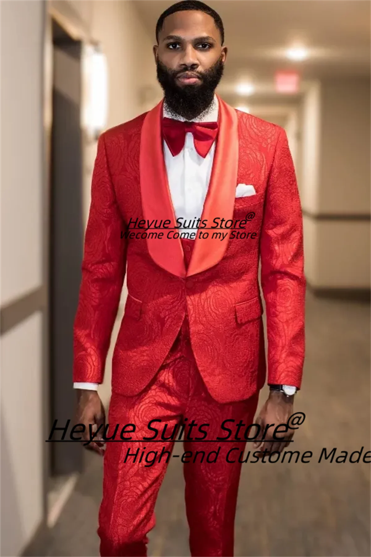 Elegant Red jacquard Wedding Suits For Men Slim Fit Shawl Lapel Groom Formal Tuxedos 3Pcs Sets Business Male Blazers Ropa Hombre