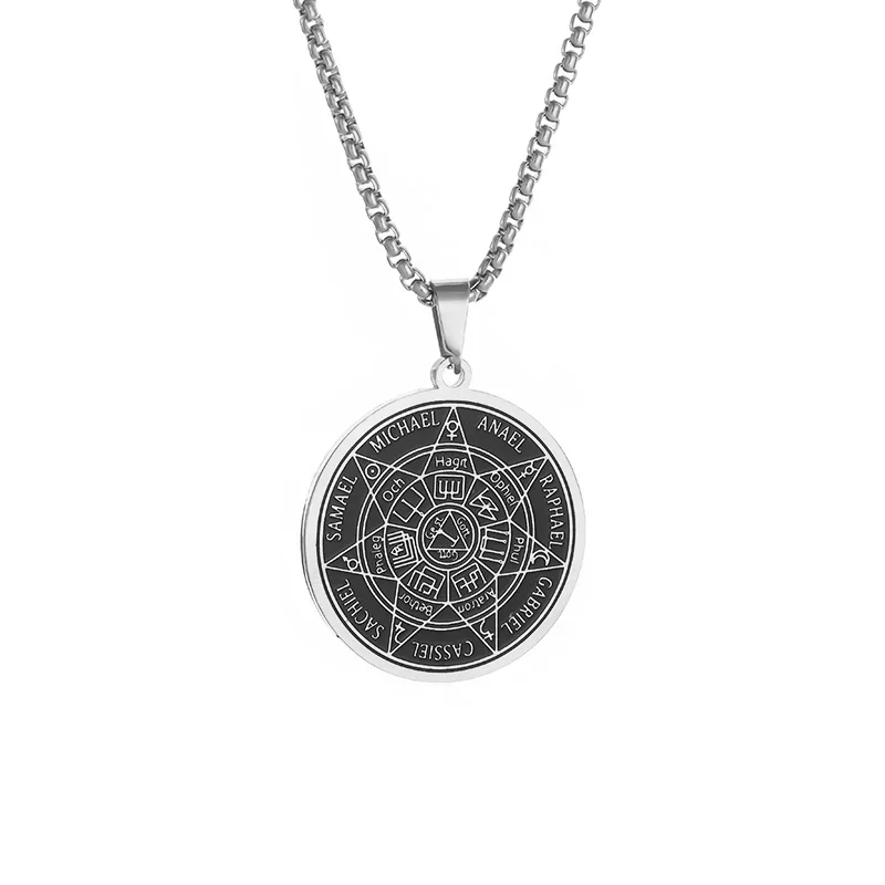 Seven Archangels Stainless Steel Compass Pendant Solomon Round Amulet Necklace for Men and Women Retro Punk Jewelry
