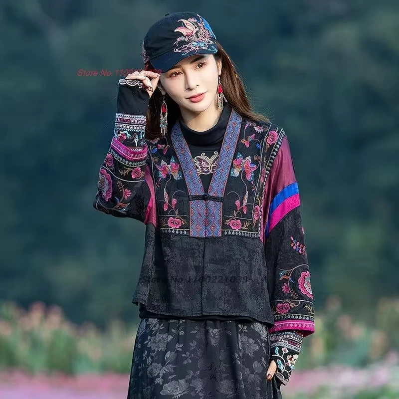 

2025 national flower embroidery jacquard patchwork coat chinese vintage jacket traditional hanfu tops oriental ethnic loose coat