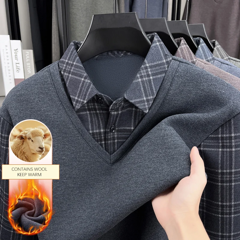 

TFETTERS Men's Winter Fleece Polo Shirt Plaid Design Mock Two-Piece Lapel Warm Thick Long Sleeve Office Work Top for Men
