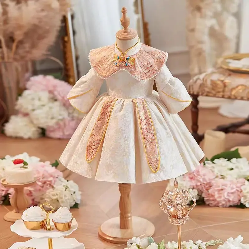 Girls' New Stylish High-Quality Embroidered Shawl One-Year-Old Little Host Party Pearl Princess Dress