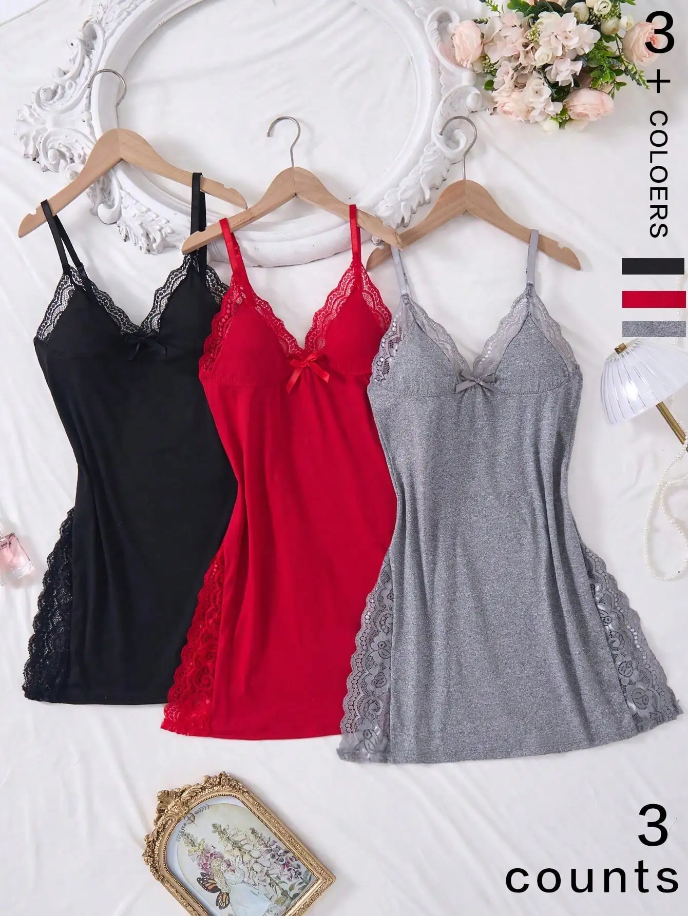 

3pcs Women's Lace Trim Camisole Nightgown with Bow Detail, Side Slit, Romantic Sleepwear in Black Red Grey