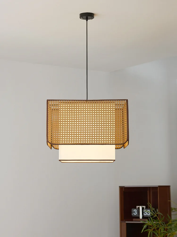 

Vintage Hand-woven Rattan Chandelier Wabi-sabi Fabric Pendant Light for Living Room Coffee Dining Table Deco Hanging Lighting