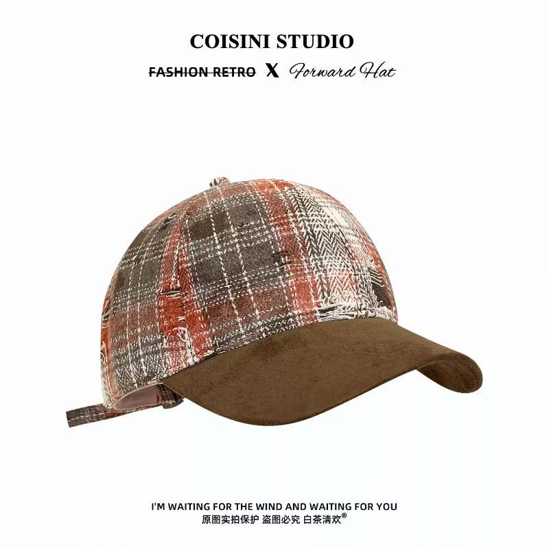 Retro British Style Contrast Plaid Stitching Suede Baseball Caps Women Autumn Winter Street Casual Versatile Literary Men's Hat