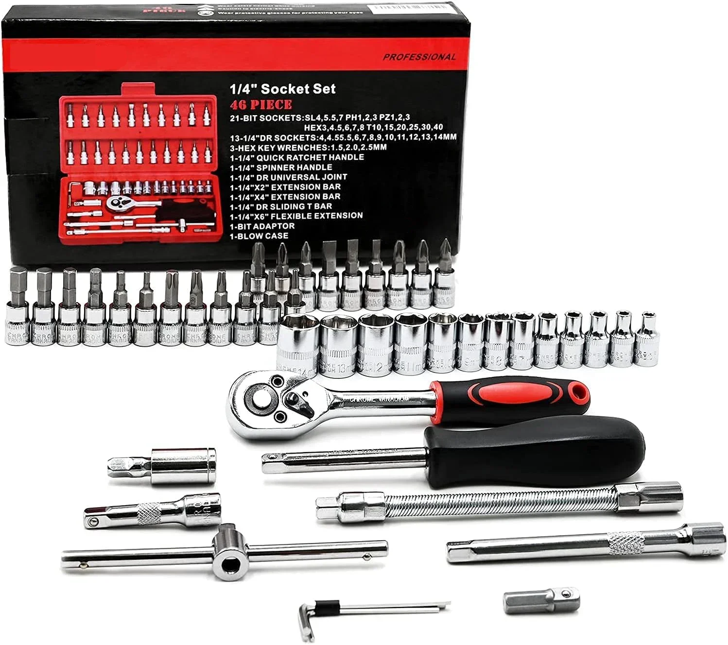 46 Pieces 1/4 Inch Drive Socket Ratchet Wrench Set, With Bit Socket Set, Metric And Extension Bar For Auto Repairing