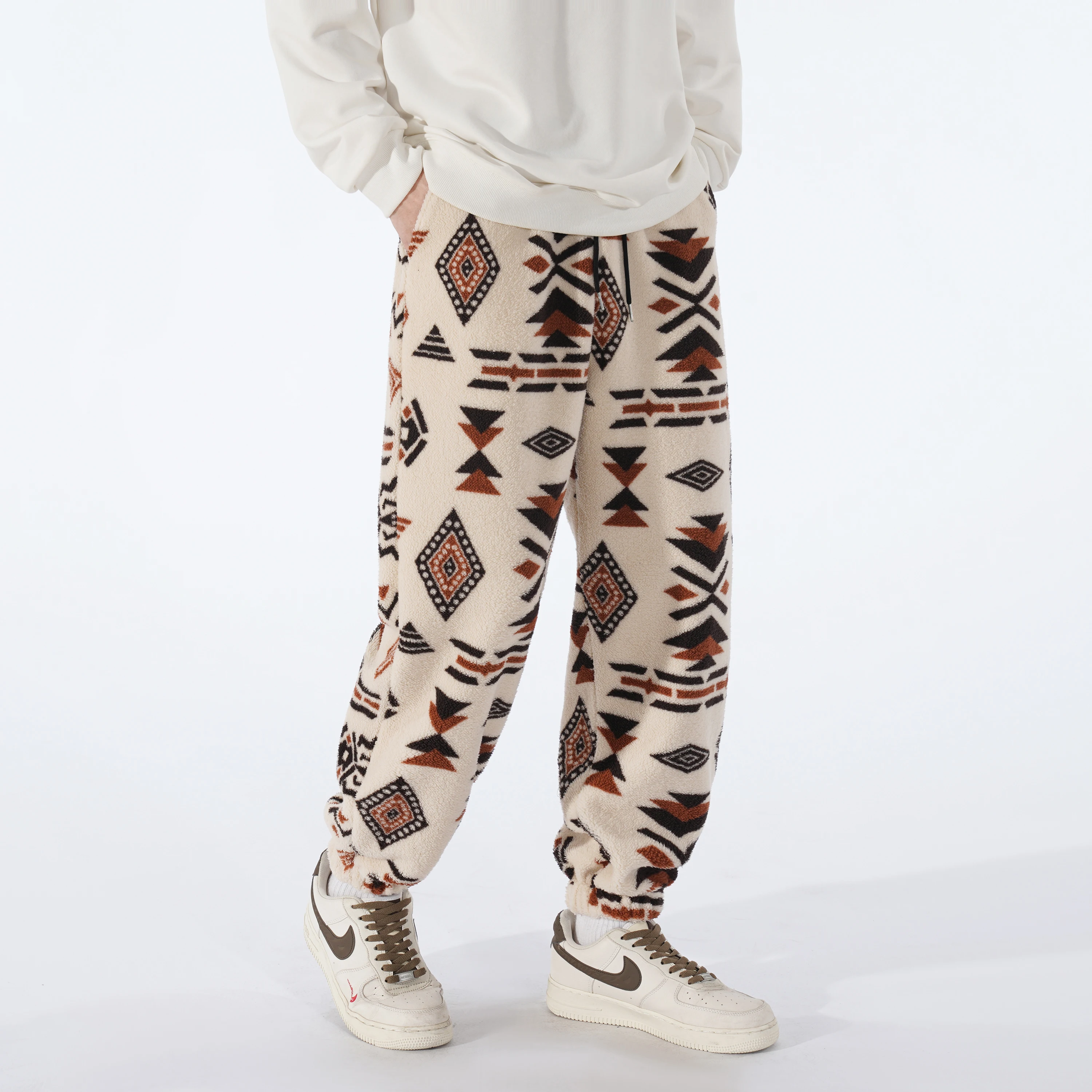 

Men's Warm Ethnic Fleece Pants - Durable Fluffy Fabric, Drawstring Waist, Ideal for Winter Daily Casual, Lounge Fashion Outfits