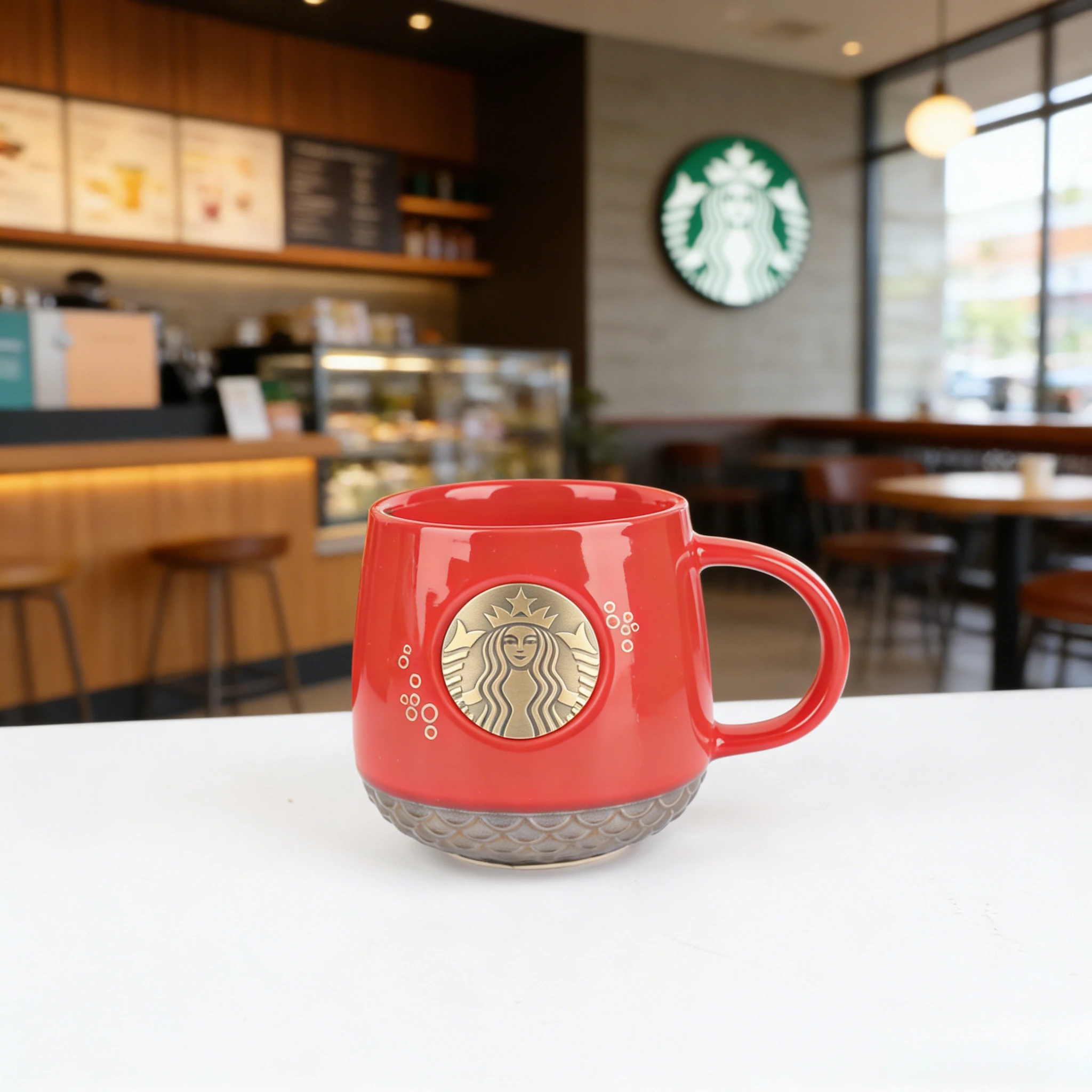 

Starbucks Red Limited Edition Mug 355ml Ceramic Cup Fish Scale Design Copper Emblem - Perfect Gift