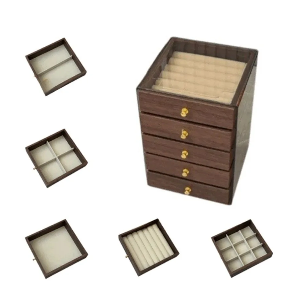 

Large Capacity Jewelry Storage Box Dust-proof Detachable Layers Wooden Walnut Grain Jewelry Box Drawer Type Anti-oxidation