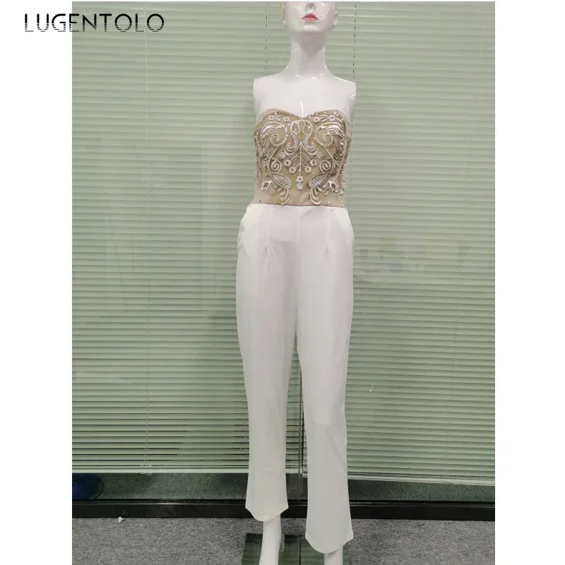 Women Jumpsuit Spring Autumn New Chest Wrapped Sexy Slim Sleeveless Embroidered Sequin Lady Straight Long Jumpsuits Lugentolo