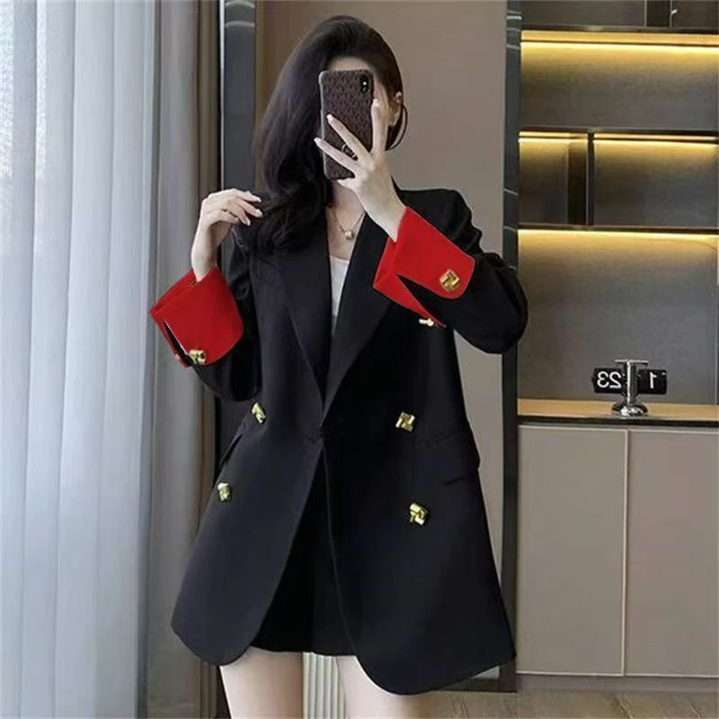 Black Suit Jacket with Red Cuff Design Casual Commute Style Women's Fashion Spring Autumn Elegant Lady Small Suit Jacket