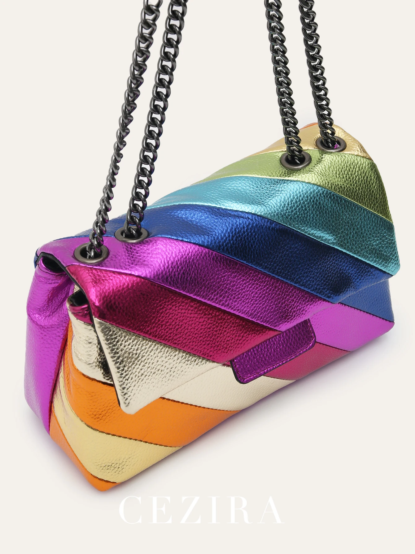 CEZIRA Women Fashion Funky Metallic Colorful Stripes Handbags PU Leather Square Magnetic Flap Long Chain Cross Body Shoulder Bag