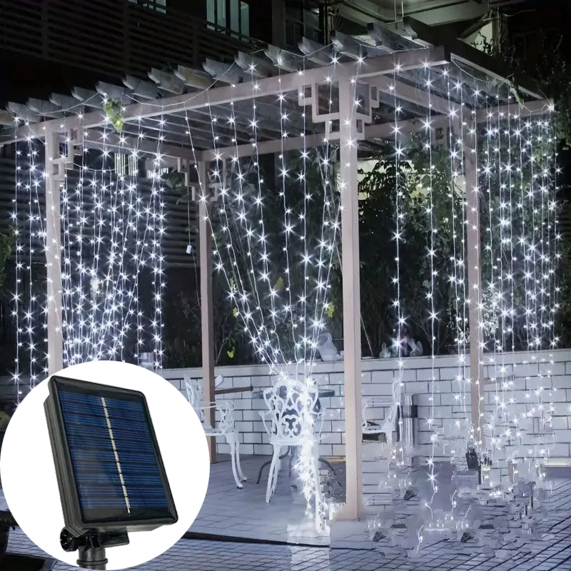 Imagem -04 - Natal Solar Cortina Led Light ao ar Livre Icicle Remoto Cachoeira Casamento Fada String Luz Jardim Decoração do Pátio