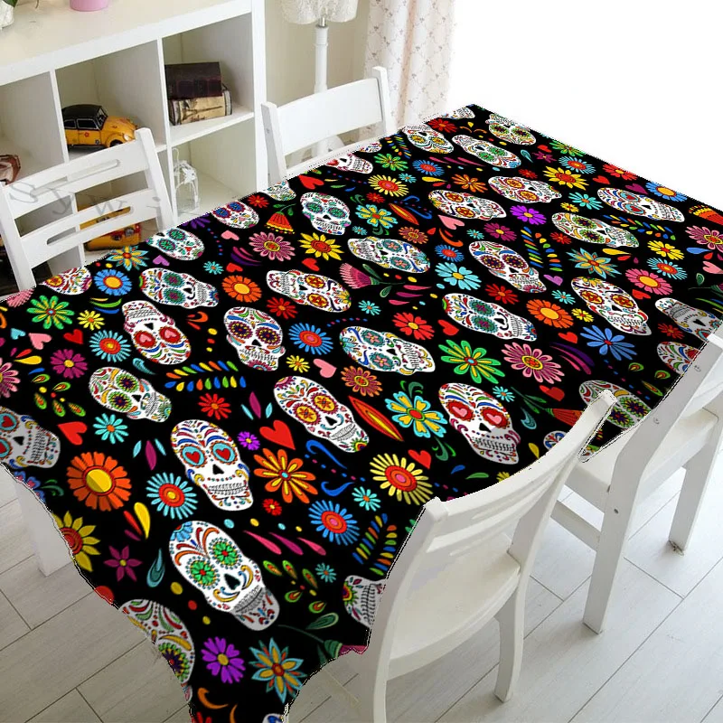 Mexican Gothic Skull and Floral Pattern Rectangle Tablecloth, Day of The Dead Decoration Kitchen Tablecloth Home Party Decor