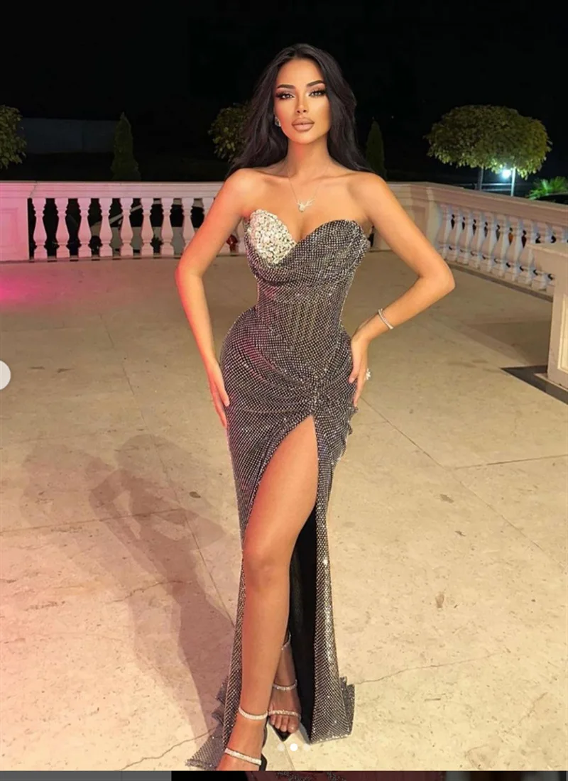 

2024 Women Celebrity Luxury Sexy Strapless Diamonds Split Black Bodycon Dress Elegant Evening Club Party Outfit