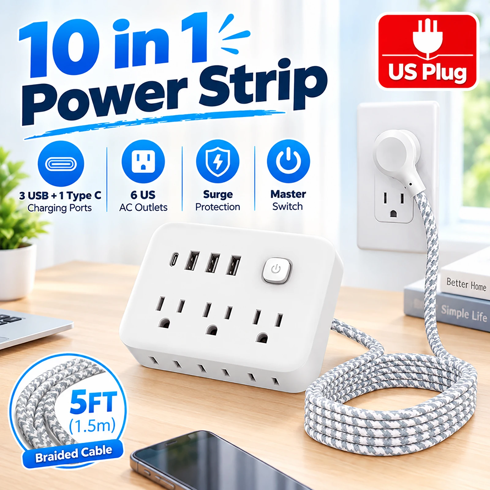 US Plug Power Strip Surge Protector 6 AC Outlet 3 USB Ports 1 TypeC Charging 5Ft Braided Cord for Travel Office Dormitory Use