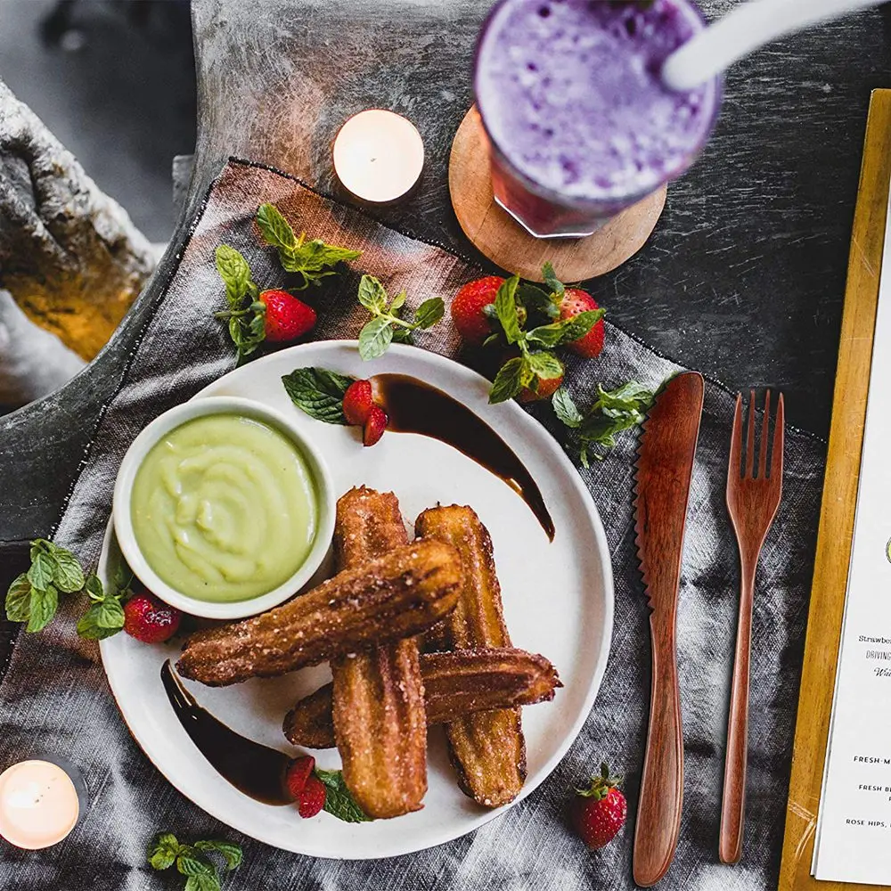 ملعقة خشبية شوكة سكين مجموعة أدوات المائدة عشاء خشبي أواني مجموعة المطبخ أدوات المائدة الخشبية مجموعة أدوات المائدة (24 قطعة) حار